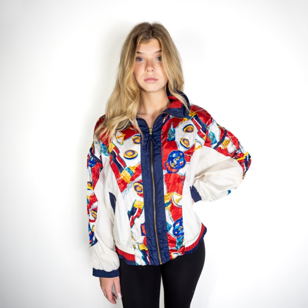 Vintage 1980s River Edge Sport Nautical Navy Theme Windbreaker with Shoulder Pad